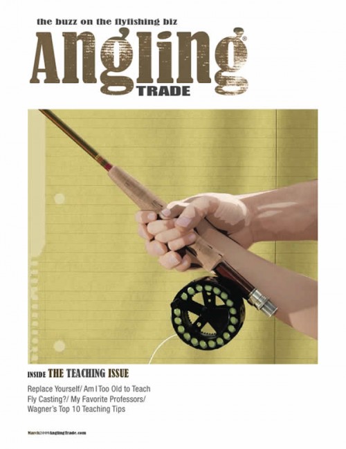 The cover of the fishing trade magazine with a hand holding a fishing rod.