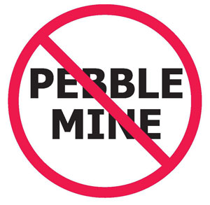 A sign that says no pebble mine on a white background.