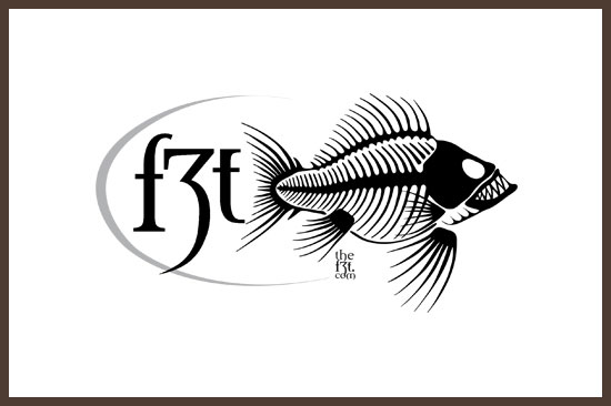 A black and white logo with a fish on it.