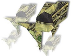 An origami bird made of dollar bills.