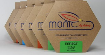 Four packages of monic fly fishing line on a white background.