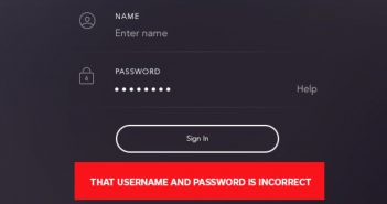 A screenshot of a screen that says username and password is incorrect.