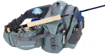 A fishing bag with a fishing rod and a bottle of water.