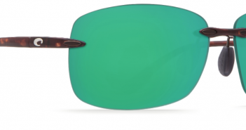 A pair of sunglasses with tortoise frames and green lenses.