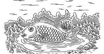 A black and white drawing of a fish in the water.