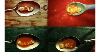 A spoon with words written on it.