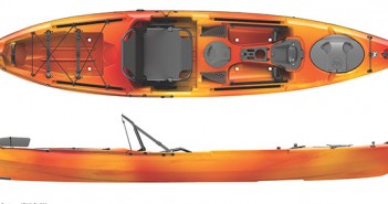 A kayak with an orange and black design.