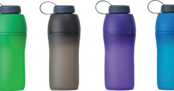 Four different colored water bottles on a white background.
