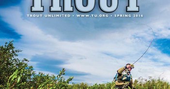 Trout magazine cover with a man fishing in a field.