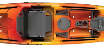 An orange and black kayak on a white background.