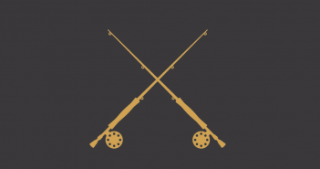 Two crossed fishing rods on a dark background.