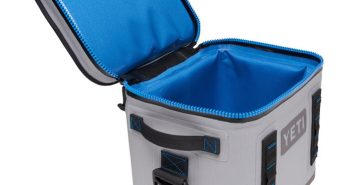 A gray and blue cooler box with a lid.