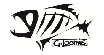 A black and white image of a fish with the word gloomis on it.