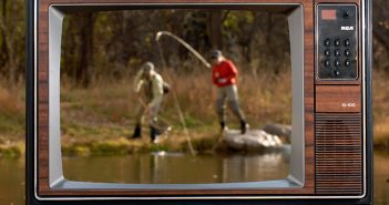 An old tv with two people fishing.