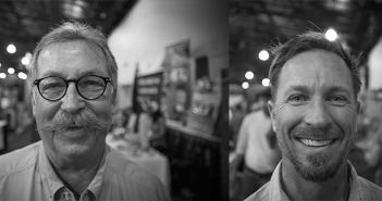 Two black and white photos of men with glasses and mustaches.