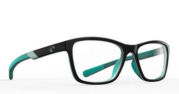 A pair of glasses with a black frame and turquoise trim.