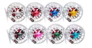 A group of colorful fly reels on a white background.