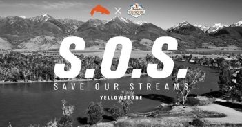 A black and white photo of a mountain with the words so s save our streams.