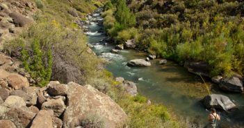 A man is fishing in a river near rocks and trees.