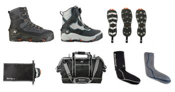 Snowshoes, boots, gloves, and a bag.