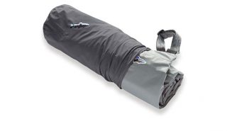 A gray sleeping bag on a white background.