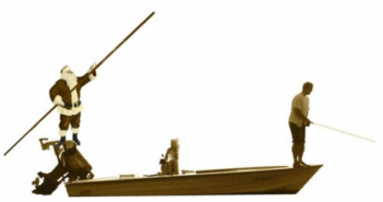 Santa claus on a boat with a fishing pole.