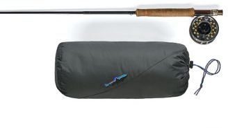 A fly rod and a fly fishing bag on a white background.