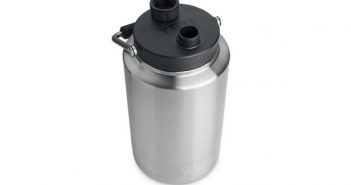 A stainless steel water bottle on a white background.