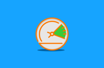 An orange and green clock icon on a blue background.