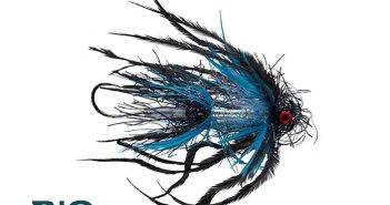 A blue and black feathered fly with the word rio on it.