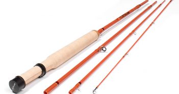 A pair of orange fly rods on a white background.