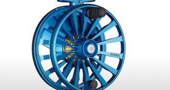 A blue fly reel on a white background.