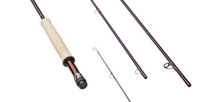 A fly rod with two rods and a reel on a white background.