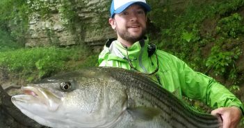 A man in a green jacket holding a striped bass.