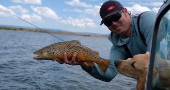 A man holding a brown trout with his dog.