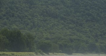 A man is fishing in a boat on a lake.