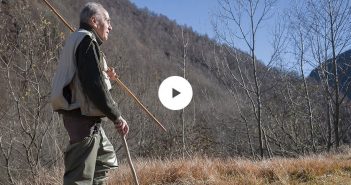 A man is standing in a field with a fishing pole.