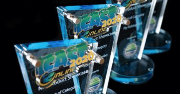 A group of blue trophies on a black background.
