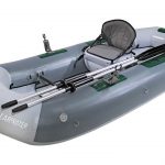 An inflatable raft with a seat and a paddle.