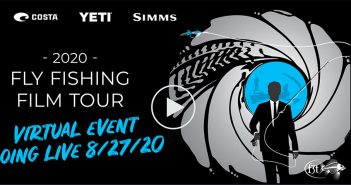 A fly fishing tour poster with a man and a gun.