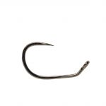 A black hook on a white background.