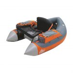An orange and gray inflatable raft with two seats.