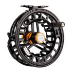 A black and orange fly reel on a white background.