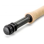 A fly rod with a wooden handle on a white background.