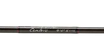 A fishing rod with a black handle and red lettering.