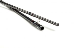 Two black fishing rods on a white background.