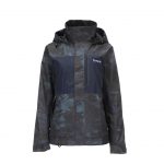 A women's ski jacket with hood and camouflage print.