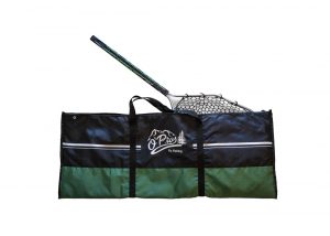 A green and black bag with a tennis racket and racquet.