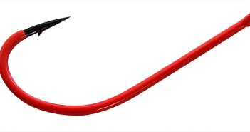 A red fishing hook with a black hook.