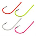 Four different colored fishing hooks on a white background.